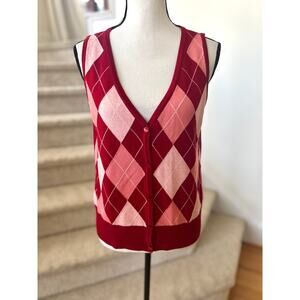 NWOT Talbots Merino Wool Red & Pink Argyle Sweater Vest Preppy Old Money